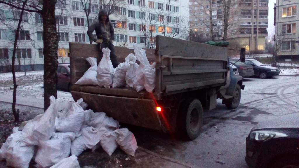 Вывоз мусора в мешках в Сосновом Боре в октябре
